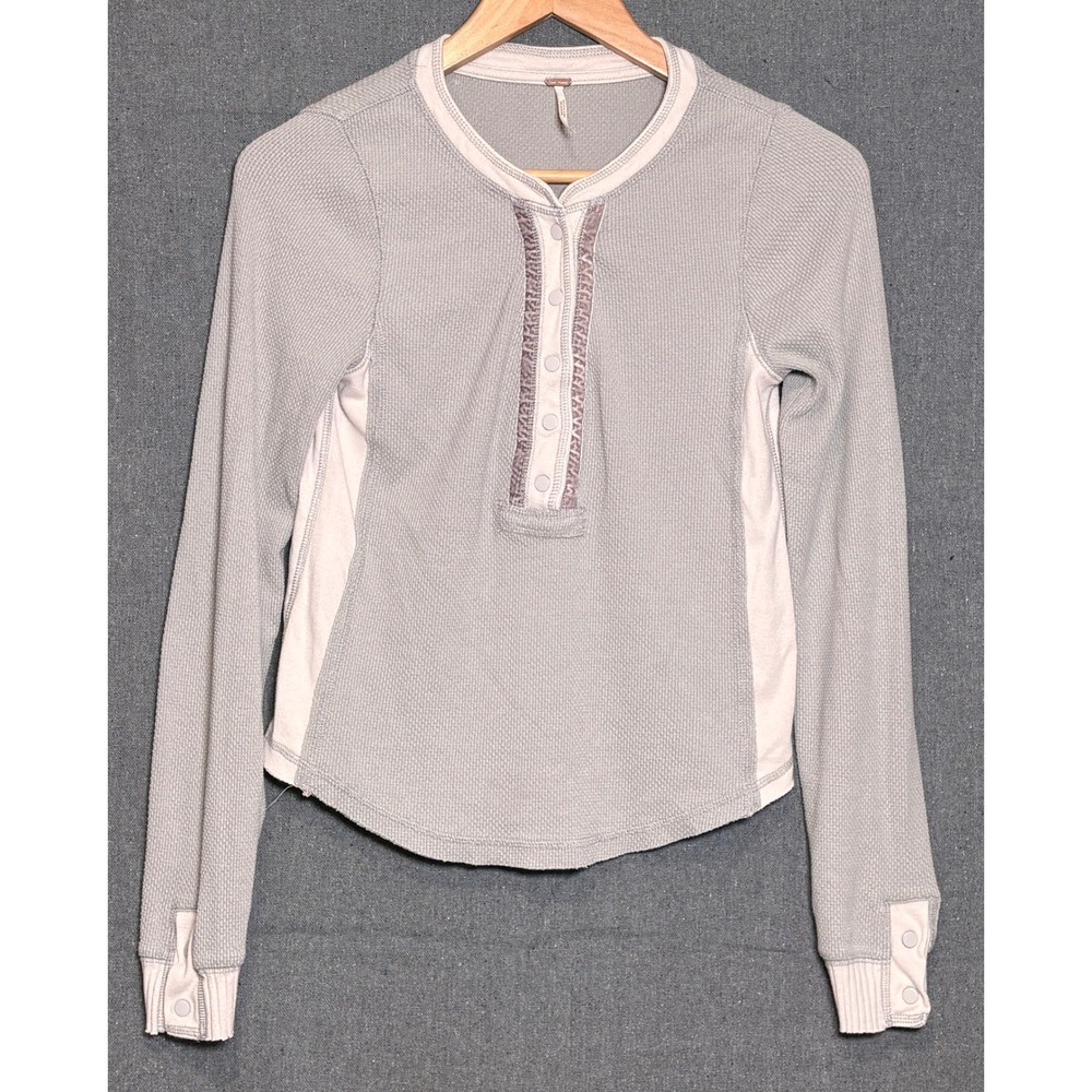 Free People Carly Grey Waffle Knit Henley Thermal Top Trim Long Sleeve Sz S